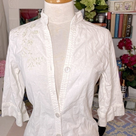 🌷 Basic One🌷 White Linen Tunic Blouse Sequin Embroidered Decoration - Picture 8 of 8